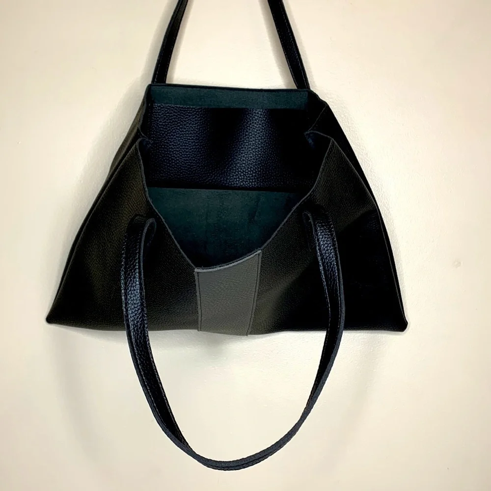 Vince Camuto | Black Leather Gray Stripe Shoulder Carry Tote Bag | Pebble Camuto